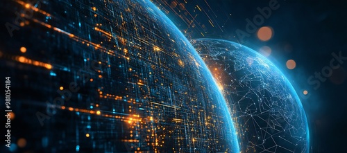 Fototapeta Naklejka Na Ścianę i Meble -  Abstract digital planet Earth with glowing lights, representing cyber technology and global network