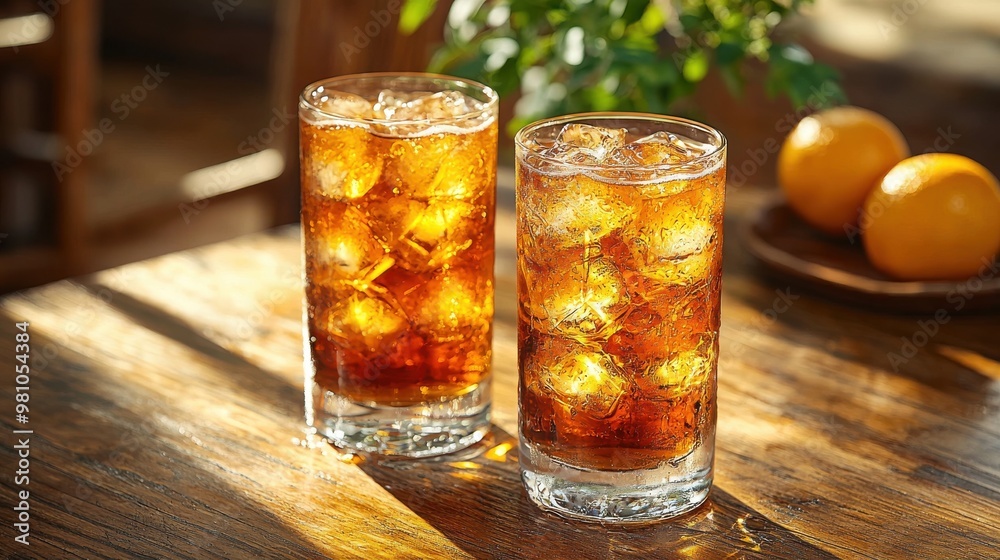 Refreshing iced beverages on a wooden table with sunlight and oranges in the background during a warm afternoon Refreshing iced beverages on a wooden table with sunlight and oranges in the background during a warm afternoon