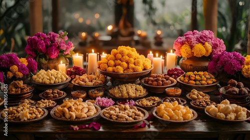 A traditional Diwali table setting with bright candles, sweets, and flowers, celebrating the light and kindness that define this joyous festival.