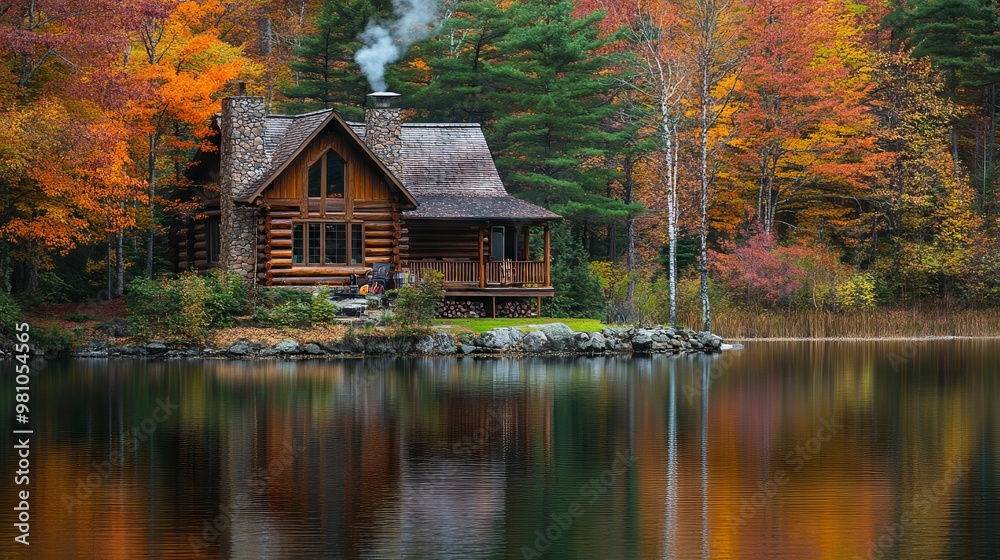 Log Cabin by Calm Lake Surrounded by Autumn Foliage -- AI generated illustration Log Cabin by Calm Lake Surrounded by Autumn Foliage -- AI generated illustration