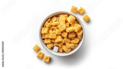 white background, a bowl of kellogs frosties in the middle and beside 5 sugar cubes  photo