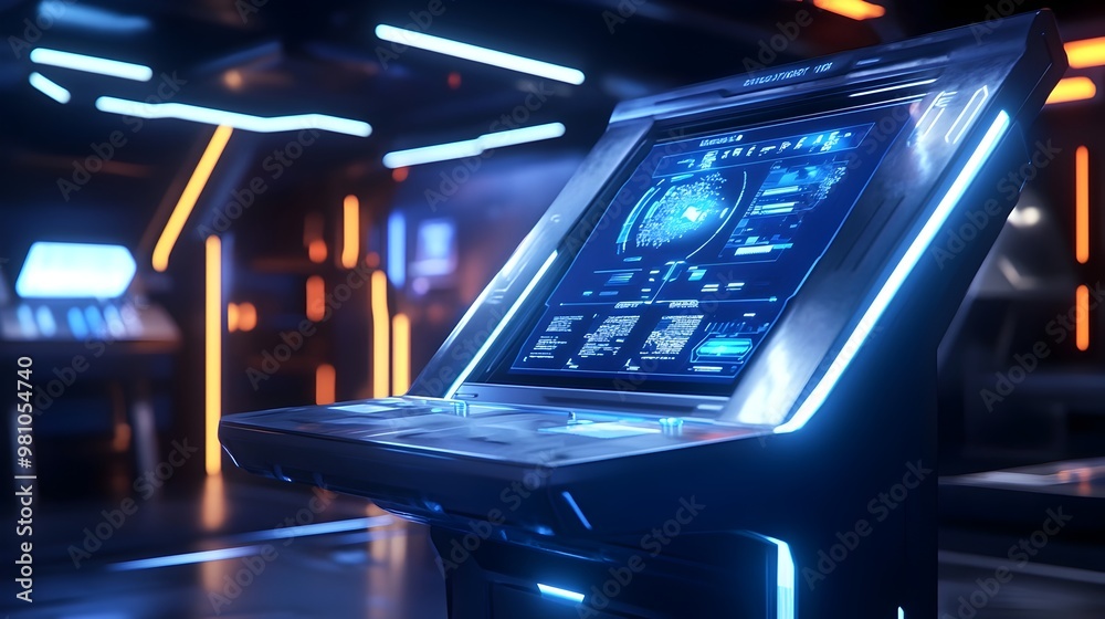 Fototapeta premium Futuristic Kiosk Terminal with Sleek Holographic Interface in Neon Lit Urban Landscape
