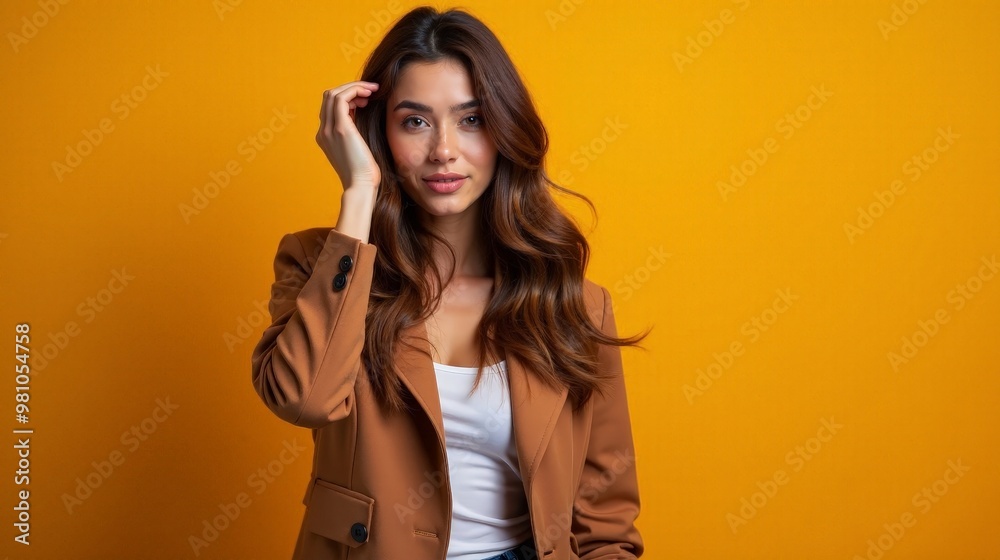 Stylish Young Female Model with Brown Coat on Bright Orange Backdrop Touching Hair and Gazing at Camera Stylish Young Female Model with Brown Coat on Bright Orange Backdrop Touching Hair and Gazing at Camera