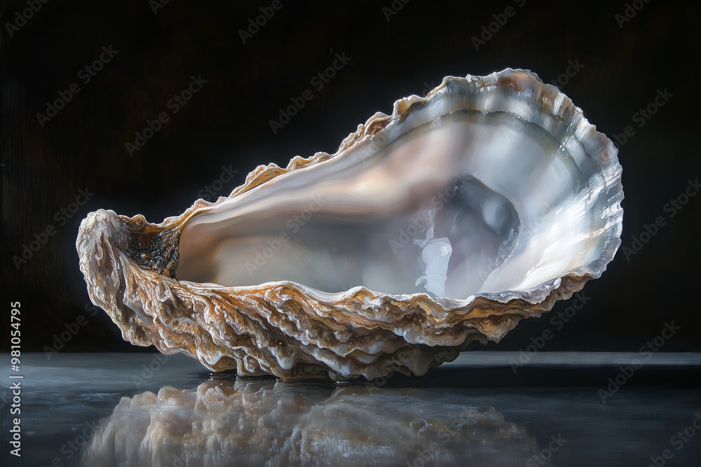 Hyperrealistic oil painting of an oyster shell set against a black background.