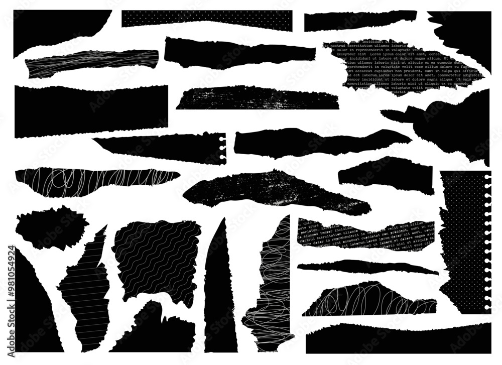 Black Torn Scrapbook Paper. Blank notebook torn pages vector illustration. Collage art with retro paper elements, drawn texture, rip pieces. Cutout vintage papers for banners, posters, post Black Torn Scrapbook Paper. Blank notebook torn pages vector illustration. Collage art with retro paper elements, drawn texture, rip pieces. Cutout vintage papers for banners, posters, post