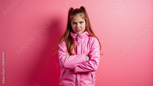 Angry Girl Pink Jacket Arms Crossed Pink Background