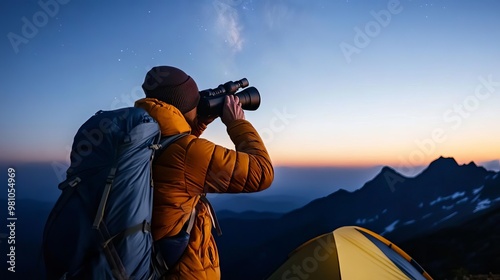 Hiker with a night vision monocular, exploring the starry sky, camping stargazing, nighttime exploration