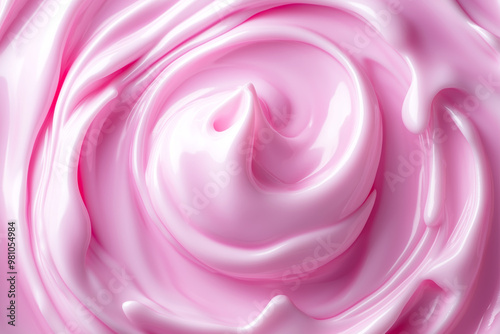 Strawberry yoghurt top view. Pink milk ripple wave. 