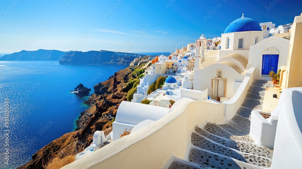 Fototapeta premium Santorini, Greece, with whitewashed buildings overlooking the blue Aegean Sea.