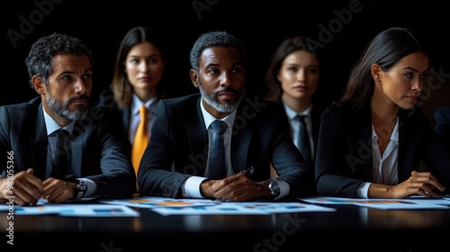 The Weight of Decision: A diverse business team, faces etched with determination, convenes for a high-stakes meeting, their focus palpable in the dimly lit room.  photo