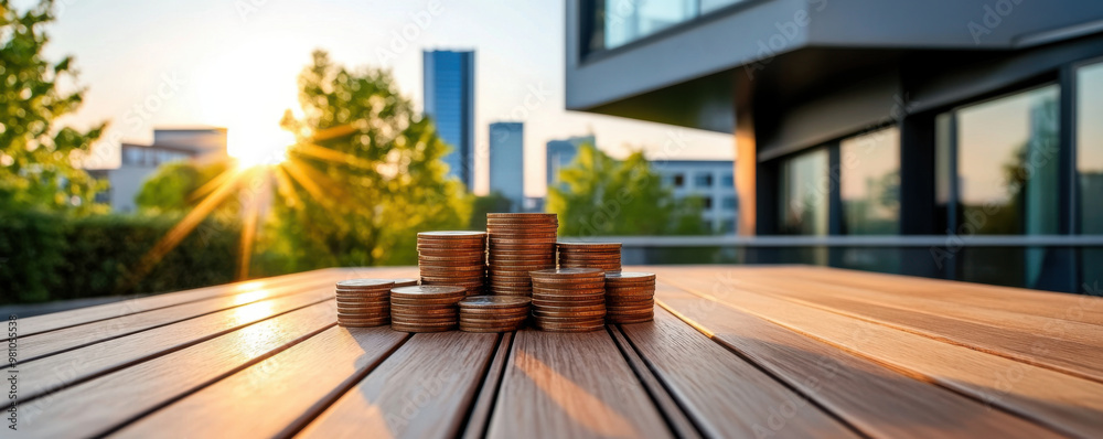Stacks of coins placed on a wooden table with a modern building in the background, symbolizing financial growth and real estate investment. Stacks of coins placed on a wooden table with a modern building in the background, symbolizing financial growth and real estate investment.