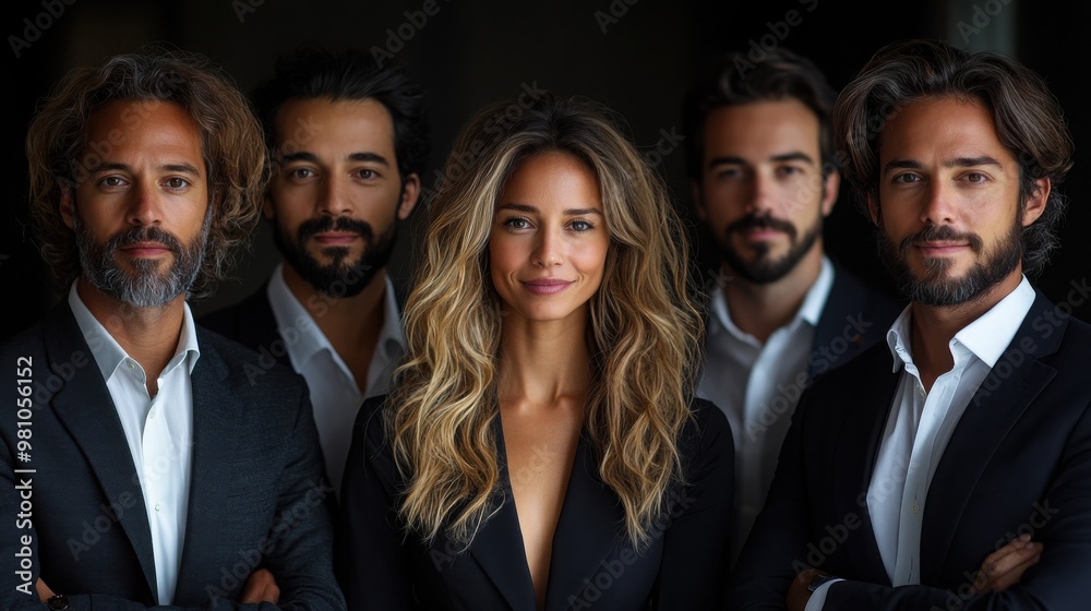 Confident and Stylish: A group of four men and one woman, all dressed in sharp black suits, radiate confidence and sophistication in this compelling portrait. Their poised expressions and stylish atti Confident and Stylish: A group of four men and one woman, all dressed in sharp black suits, radiate confidence and sophistication in this compelling portrait. Their poised expressions and stylish atti