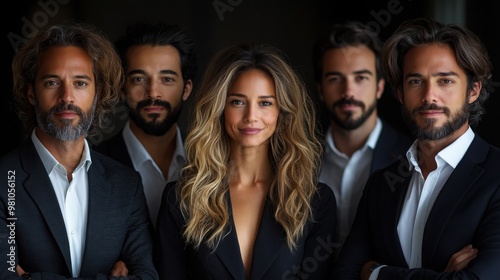 Confident and Stylish: A group of four men and one woman, all dressed in sharp black suits, radiate confidence and sophistication in this compelling portrait. Their poised expressions and stylish atti photo