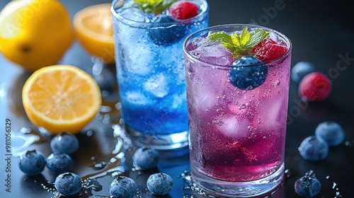 Refreshing summer drinks with blueberries and raspberries beside sliced lemons on a dark surface