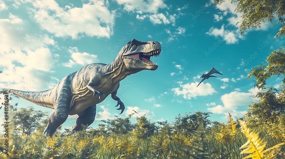 A vibrant scene depicting a dinosaur in a lush prehistoric landscape under a bright sky. A vibrant scene depicting a dinosaur in a lush prehistoric landscape under a bright sky.