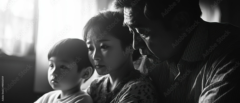 Dramatic chiaroscuro lighting accentuates the determined expression of an Asian family member navigating the challenges of disability or illness Dramatic chiaroscuro lighting accentuates the determined expression of an Asian family member navigating the challenges of disability or illness