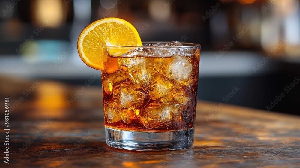 Refreshing drink served on a rustic wooden table with ice and a slice of orange in a cozy bar during the evening