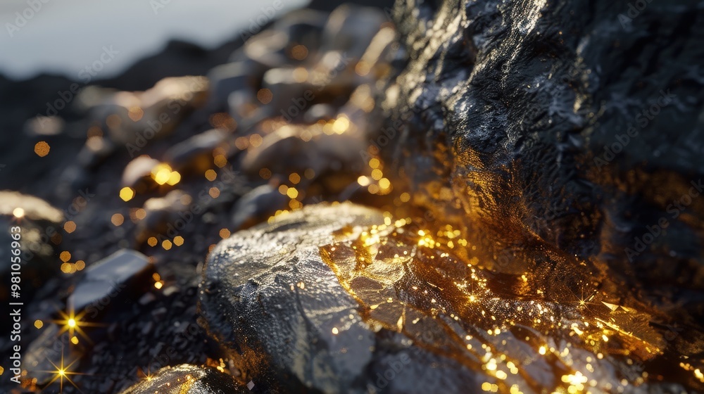 striking appearance of gold ore with detailed visuals of its shiny gold streaks set against dark rock. striking appearance of gold ore with detailed visuals of its shiny gold streaks set against dark rock.