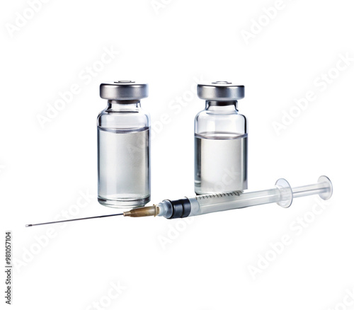 Medical vials and syringe on transparent background
