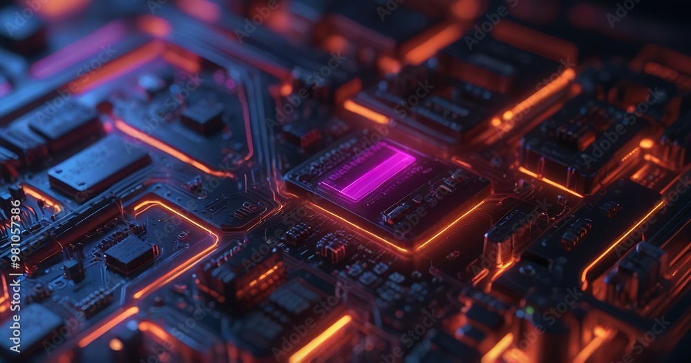High-Performance Processor on Circuit Board with Glowing Core and Pins High-Performance Processor on Circuit Board with Glowing Core and Pins