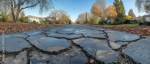 Wide-angle view of a driveway with extensive cracking and frost heaves photo