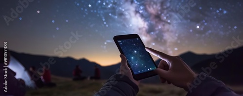 Person using a star identification app, pointing out constellations, friends around, camping stargazing, tech meets nature