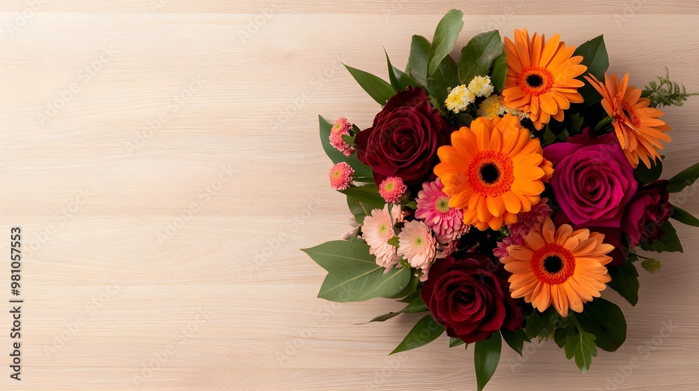 Mixed bouquet of roses, lilies, and daisies from above, laid on a textured white backdropThe vibrant florals create a striking visual, suitable for event designs