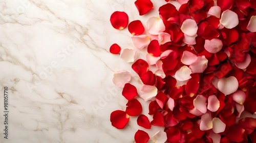 Overhead capture of red and pink rose petals, artfully dispersed on a polished marble surface, suggesting love and elegance, ideal for ads