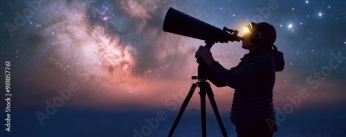 Person with a headlamp, adjusting a telescope under a star-filled sky, camping stargazing, setting up for the night