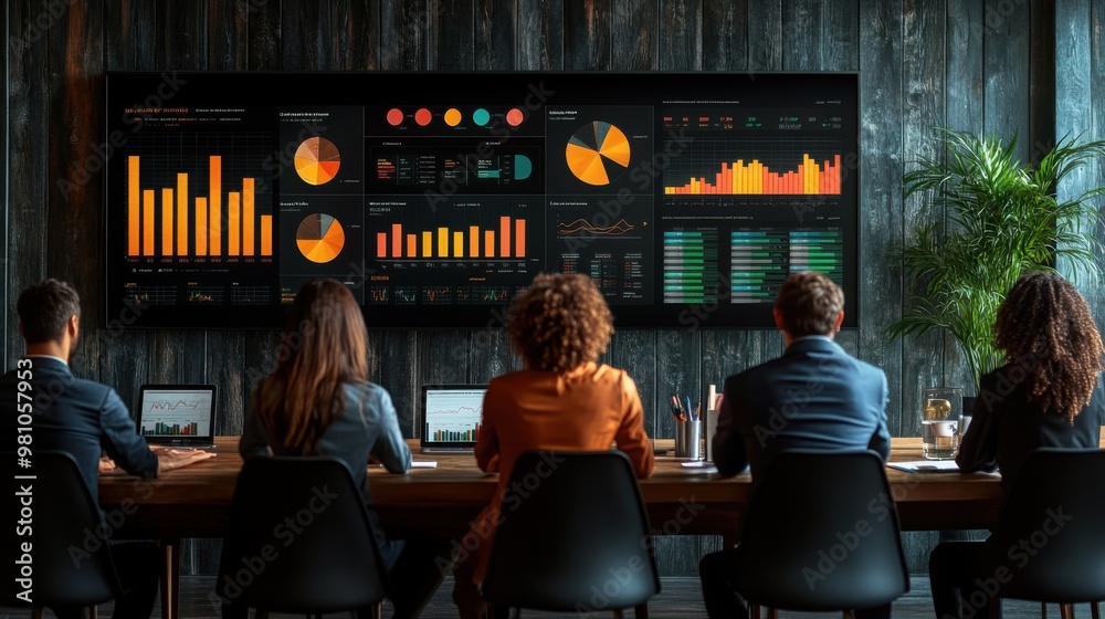 Data Driven Decisions: A team of professionals gather around a large screen displaying a comprehensive data dashboard, showcasing their commitment to data-driven insights and strategic planning.