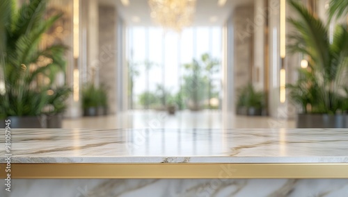 Luxury Marble Table with Gold Base in Hotel Lobby, AI generated illustration