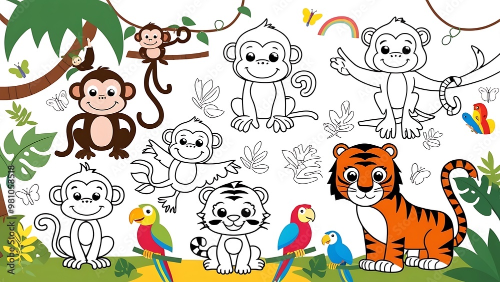 Naklejka premium Each page showcases a friendly animal in a playful pose, set against a simple background that allows for creative coloring without overwhelming details.