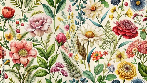 Wallpaper Mural Vibrant botanical illustrations of various plants and flowers in intricate detail, blended with whimsical hand-drawn Torontodigital.ca