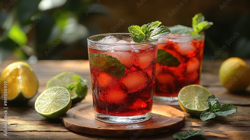 Refreshing berry drinks with mint and lime served on a wooden table in a natural setting during daylight hours Refreshing berry drinks with mint and lime served on a wooden table in a natural setting during daylight hours