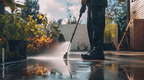 Person Cleaning Outdoors with a High-Pressure Water Machine - AI generated illustration