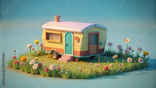 Low-poly 3D rendering of a yellow camper van with a flower garden