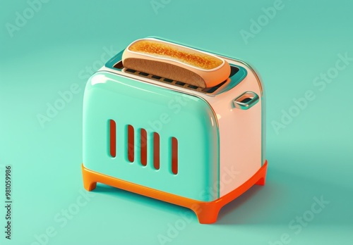 toaster, kitchen appliance, retro design, bread, turquoise, orange, pastel colors, modern illustration, home essential, cooking tool, food preparation, breakfast concept, warm tone, simplistic style,