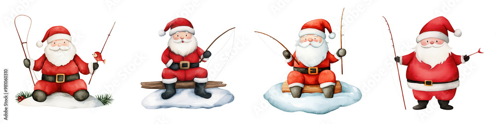 A cheerful collection of Santa figures in various poses, perfect for holiday projects and festive themes. A cheerful collection of Santa figures in various poses, perfect for holiday projects and festive themes.