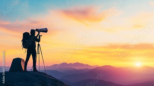 Solo adventurer with a portable telescope, camping stargazing, solo exploration photo