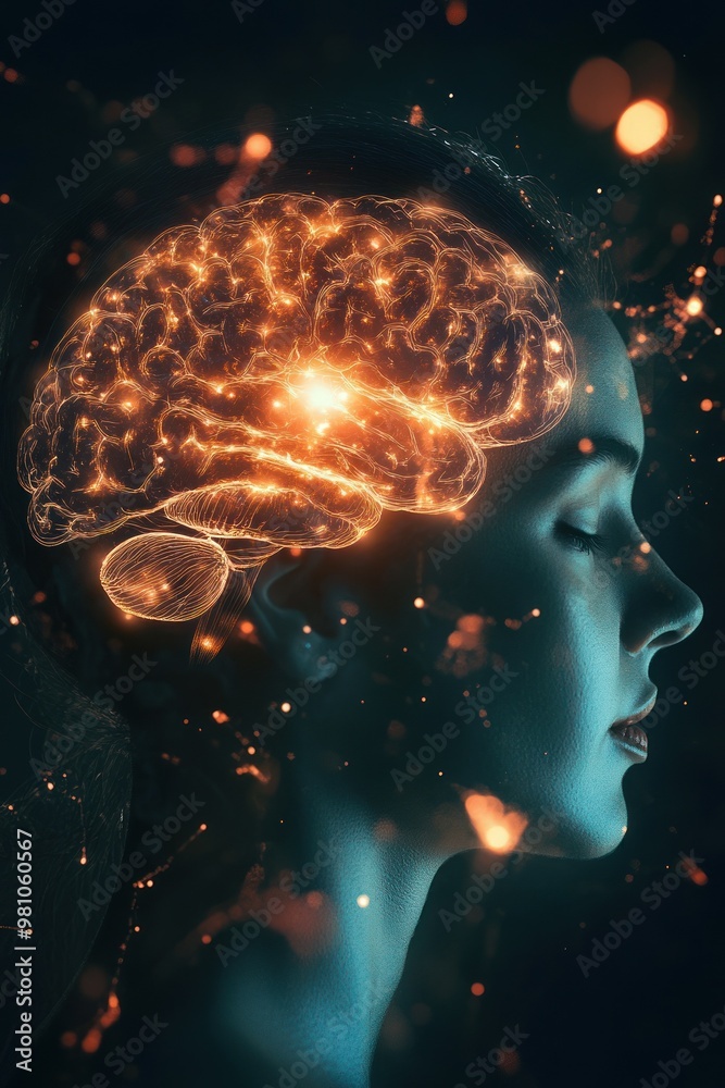 Sparkling brain in profile view with vibrant highlights.