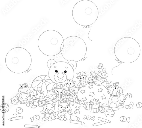 Happy birthday card with funny baby toys, balloons, holiday gifts and sweets, black and white vector cartoon illustration for a coloring book