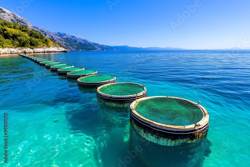 Sustainable aquaculture showing eco-friendly fish farming techniques in clear blue waters photo