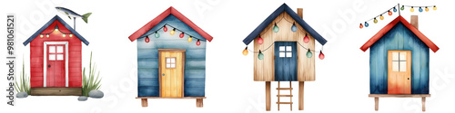 Colorful seaside cabins with charming designs, perfect for coastal decor and summer vibes, showcasing creativity and warmth.