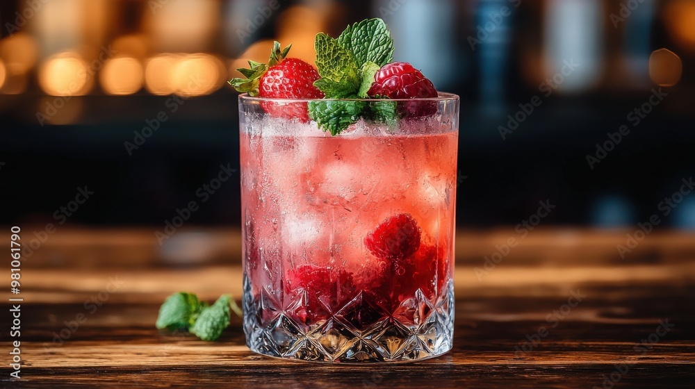 Refreshing raspberry mint cocktail served in a crystal glass on a rustic wooden table in a dimly lit bar Refreshing raspberry mint cocktail served in a crystal glass on a rustic wooden table in a dimly lit bar