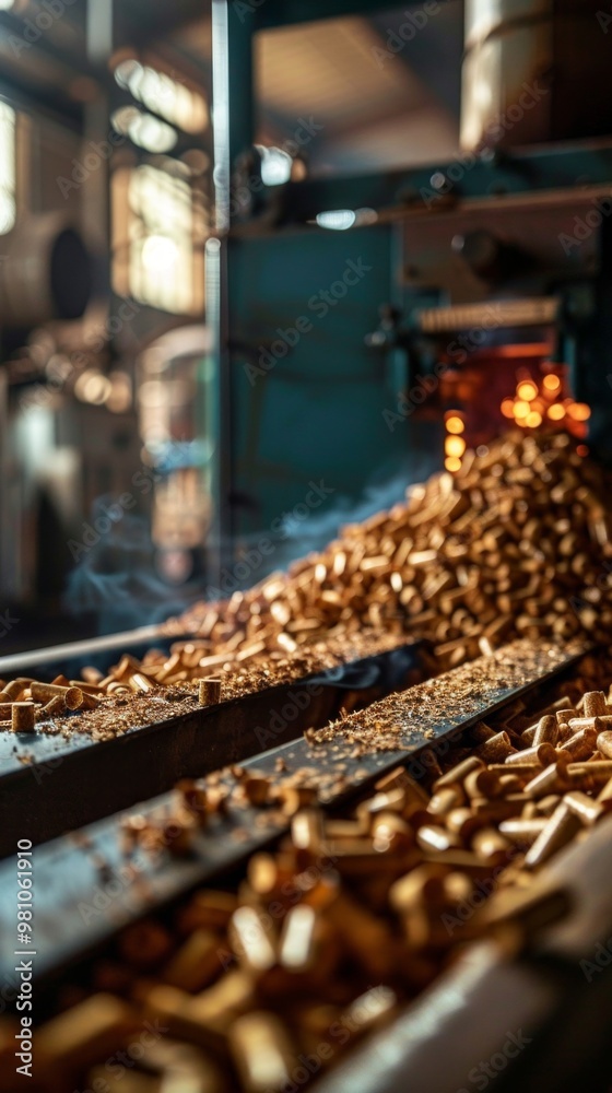 Close-up view in an industrial factory with a conveyer belt of brass-colored items. Smoky atmosphere hints at an industrial setting with a focus on safety measures. Close-up view in an industrial factory with a conveyer belt of brass-colored items. Smoky atmosphere hints at an industrial setting with a focus on safety measures.