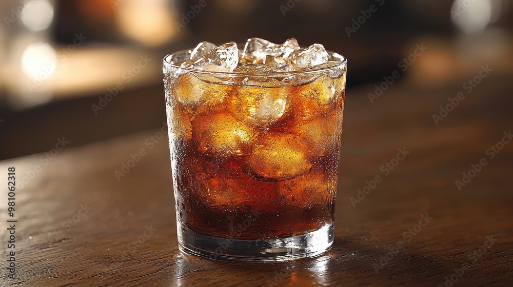 A refreshing drink served in a glass with ice, showcasing bubbles and condensation on a wooden bar surface