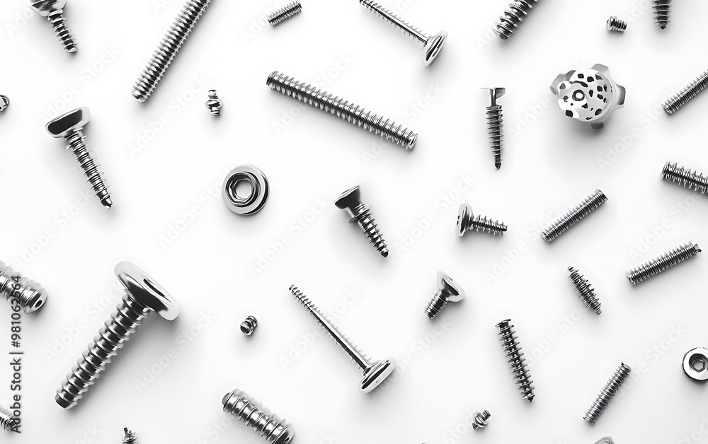 Assorted 3D Screws Floating in Space on White Background - Industrial Design Concept Assorted 3D Screws Floating in Space on White Background - Industrial Design Concept