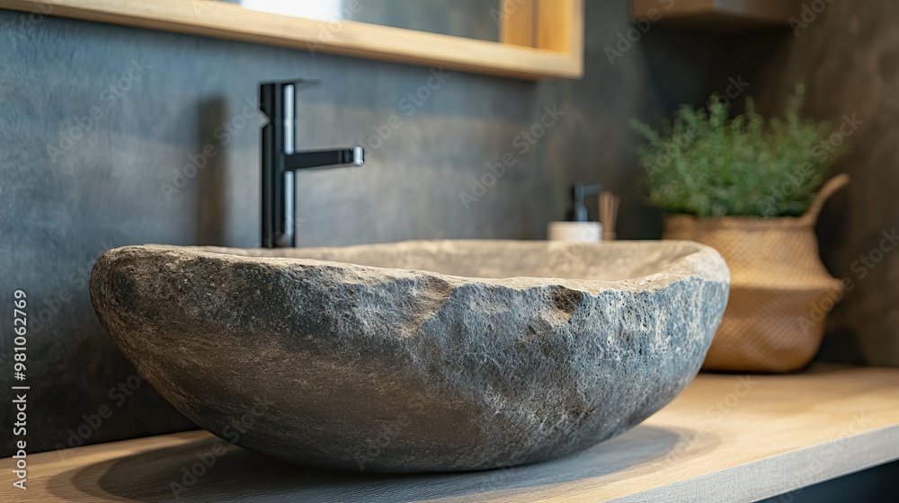 Close-Up of a Rough Stone Sink in a Boho-Style Bathroom - AI generated illustration Close-Up of a Rough Stone Sink in a Boho-Style Bathroom - AI generated illustration