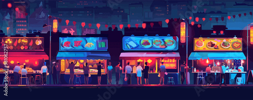 Night market, food stalls, street vendors, and neon signs, urban culture, neon style, vector illustration, flat style.