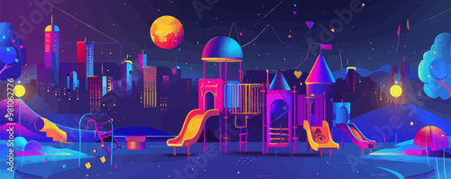 Neon urban playground, vibrant equipment and joyful children, community space, neon style, vector illustration, flat style.